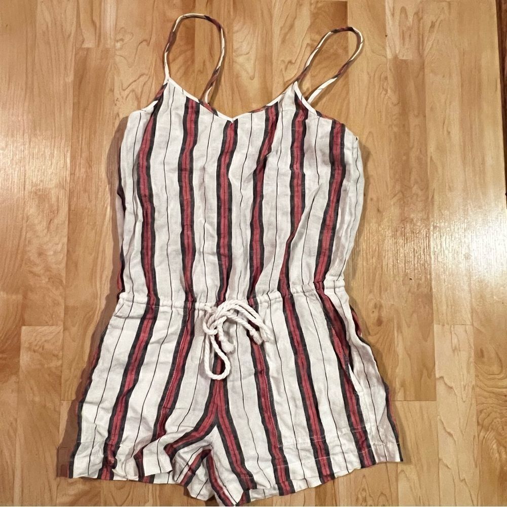 Lou & Grey 100% Linen White Red and Black Striped Romper Women’s XS